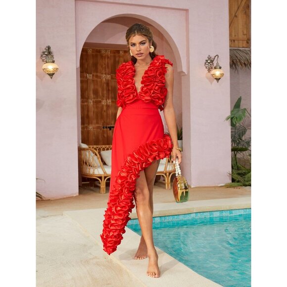 Sexy Glamorous Luxury Runway Party Outfit Ruffles Bodysuit Top Skirt Dress Cover - Picture 11 of 16